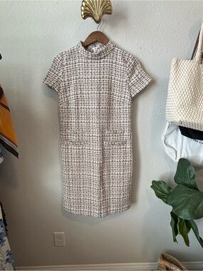 Talbots Cream and Brown Tweed Short-Sleeve Shift Dress with Mock Neck